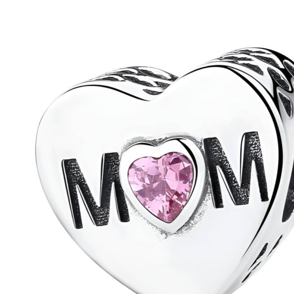 MOM Plata De Ley Corazón Circonita Rosada Abalorio Para Brazelete Charms 3