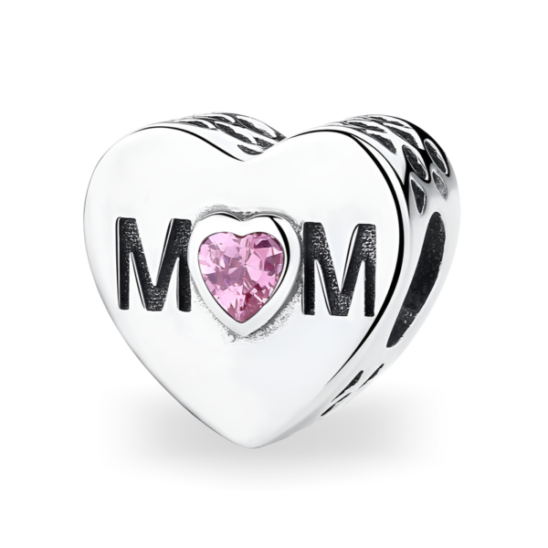 MOM Plata De Ley Corazón Circonita Rosada Abalorio Para Brazelete Charms